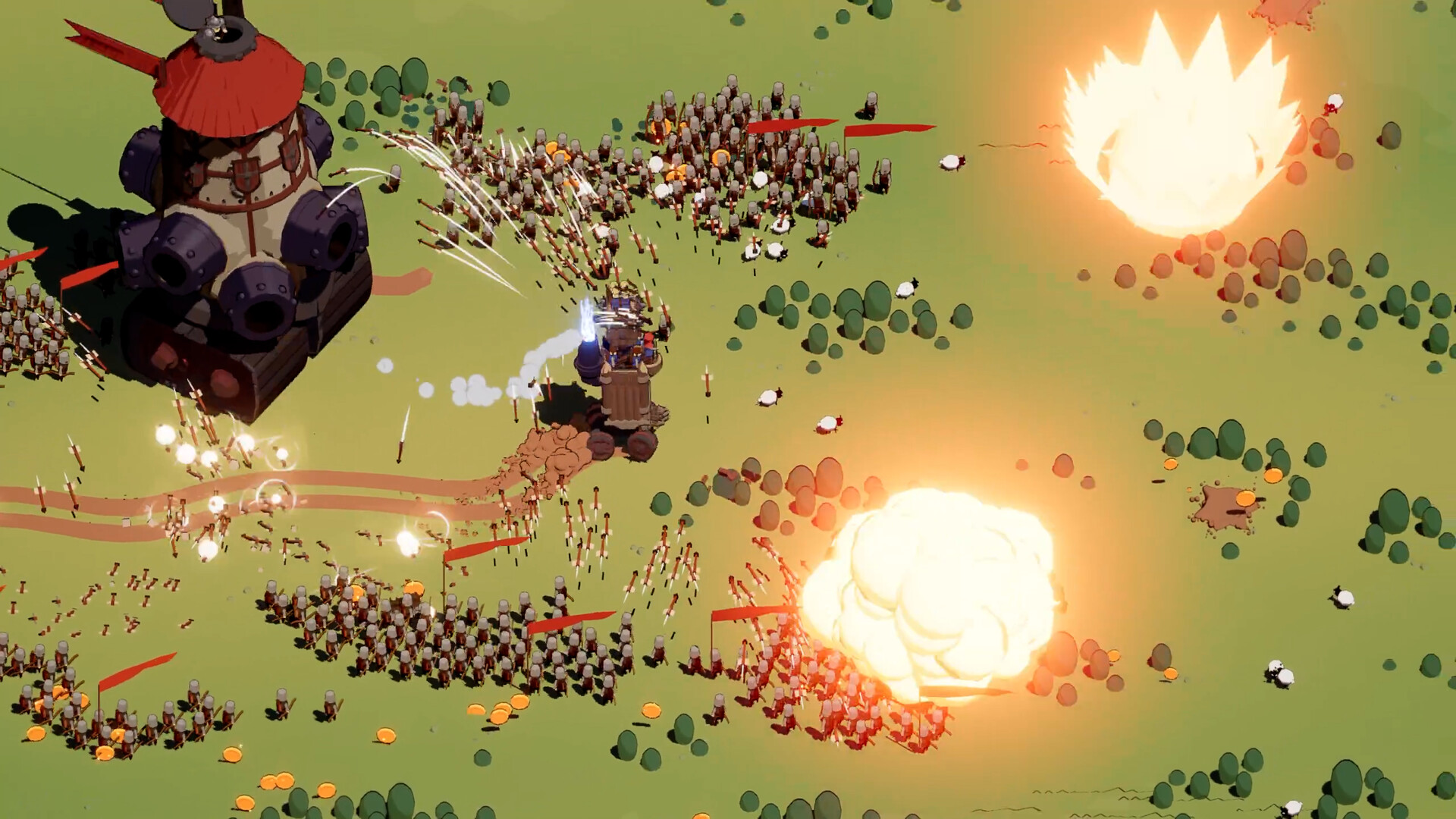 A wheeled wooden fortress with red towers crossing a green battlefield in Wanderburg